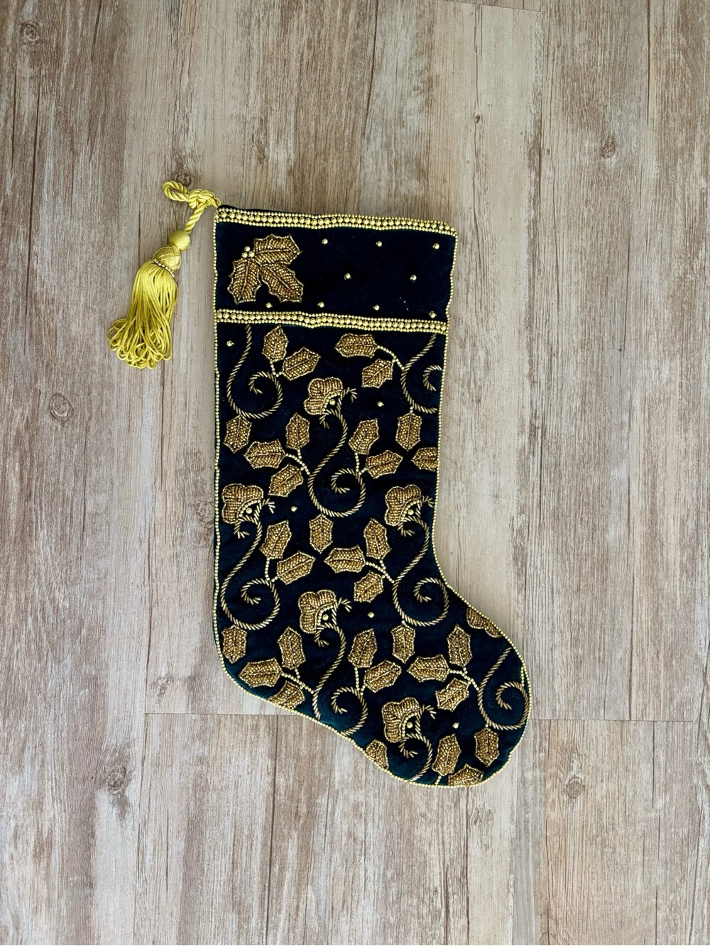Vintage Christmas Stocking Deep Green with Gold Beading and Tassel